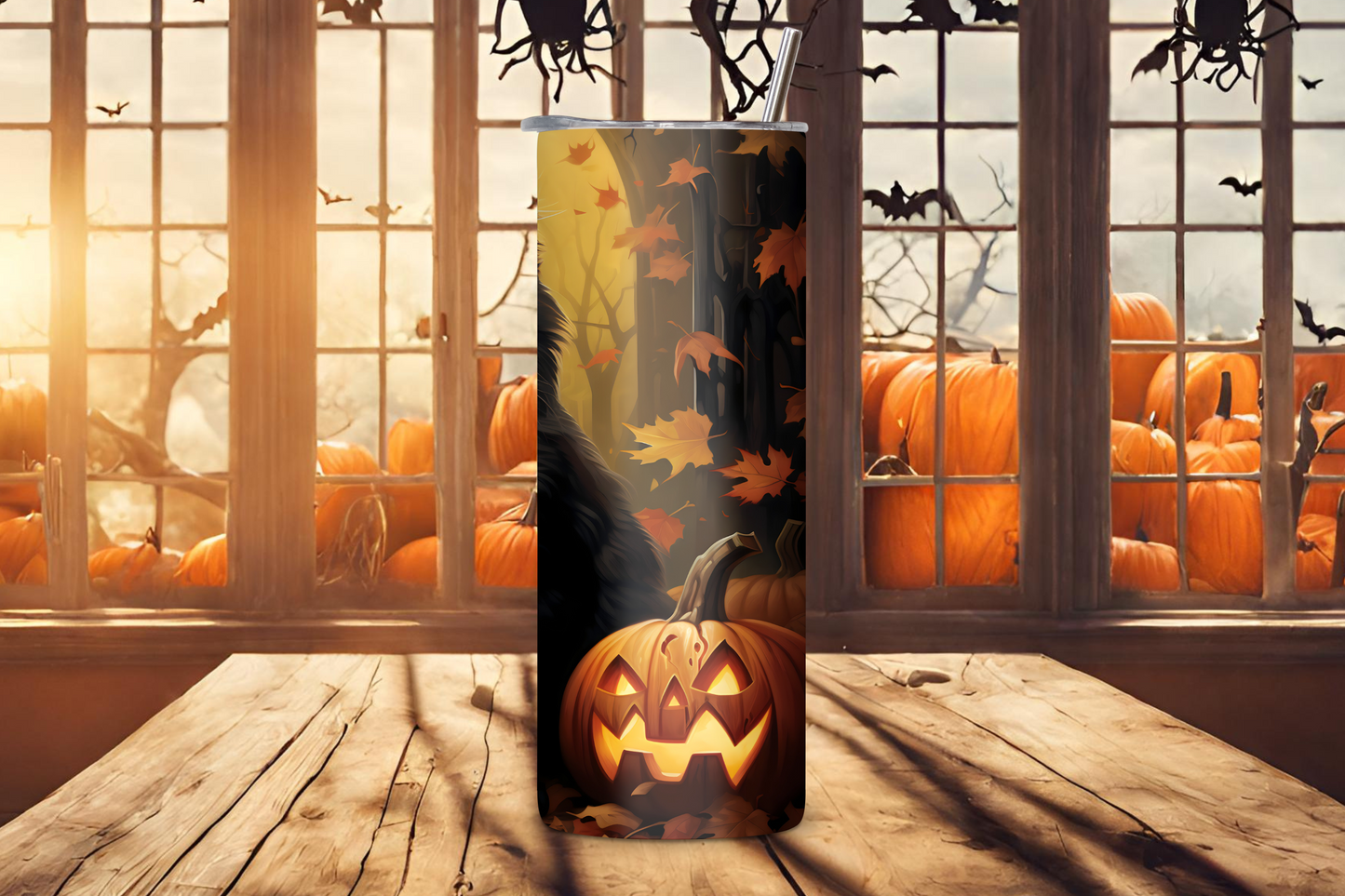 Mystical Midnight Cat Tumbler, Halloween Cat Travel Mug, Cat and Pumpkin Coffee Cup, Fall Cat Season, 20OZ Tumbler, 22OZ Tumbler, 30OZ Tumbler