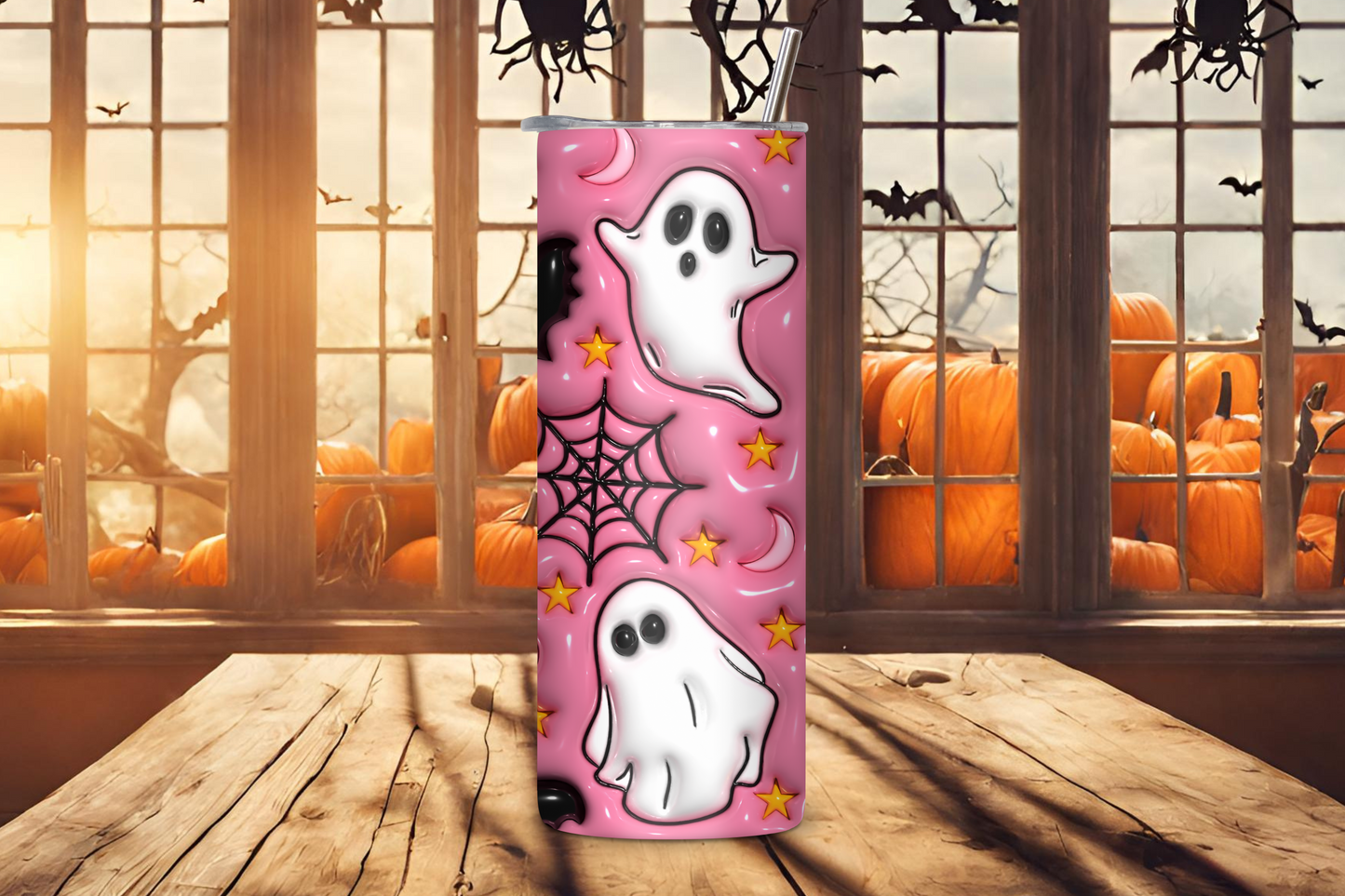 Friendly Pink Ghost Tumbler, Spider Web and Bat Travel Mug, Pink Halloween Gift, 20OZ Tumbler, 22OZ Tumbler, 30OZ Tumbler