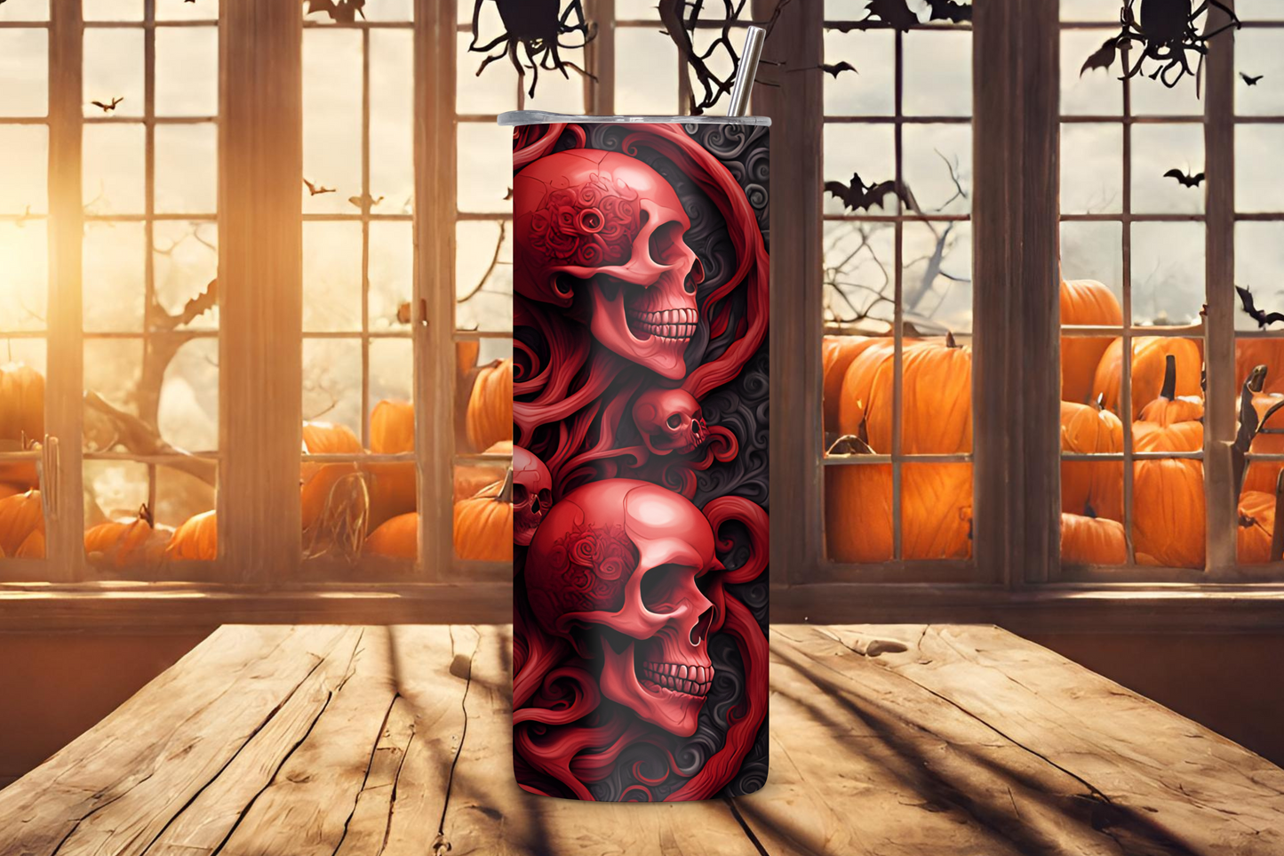 Eternal Elegance Skull Tumbler, Red and White Skull Travel Mug, Skulls of Halloween Night, 20OZ Tumblers, 22OZ Tumbler, 30OZ Tumbler