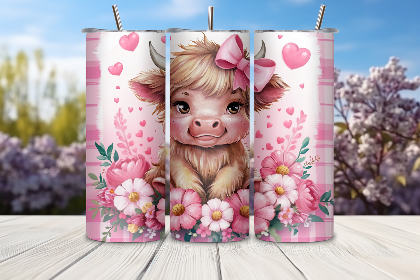 Sweetheart Highland Cow Tumbler, Pink Bow Cow Travel Mug, Pink Flowers Coffee Cup, 20OZ Tumbler, 30OZ Tumbler