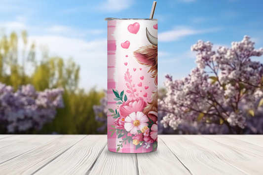 Sweetheart Highland Cow Tumbler, Pink Bow Cow Travel Mug, Pink Flowers Coffee Cup, 20OZ Tumbler, 30OZ Tumbler