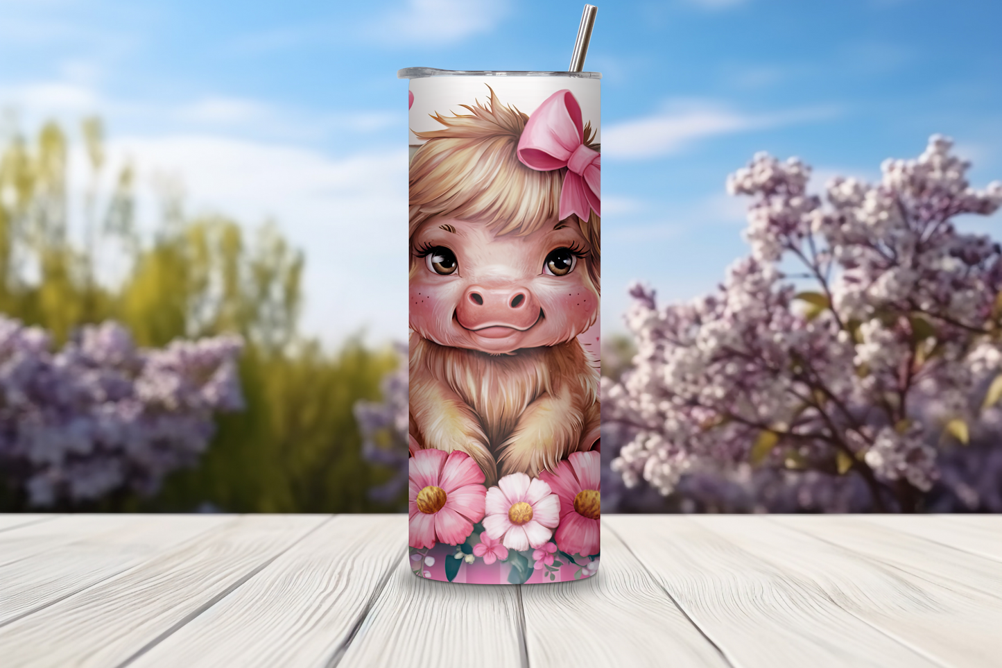Sweetheart Highland Cow Tumbler, Pink Bow Cow Travel Mug, Pink Flowers Coffee Cup, 20OZ Tumbler, 30OZ Tumbler