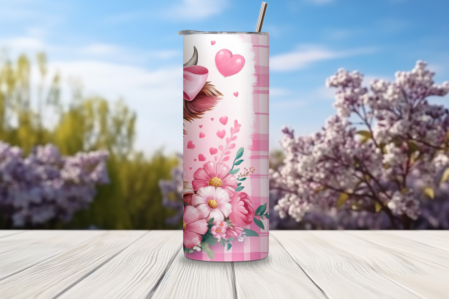 Sweetheart Highland Cow Tumbler, Pink Bow Cow Travel Mug, Pink Flowers Coffee Cup, 20OZ Tumbler, 30OZ Tumbler