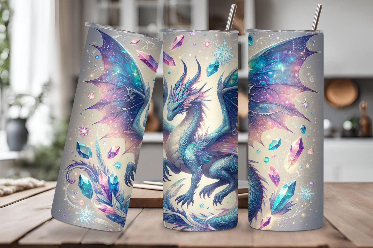 Exquisite 20OZ and 30OZ tumblers depicting a vivid cosmic dragon surrounded by an otherworldly forest scene, with vibrant colors and intricate designs ideal for fans of fantasy and mystical art