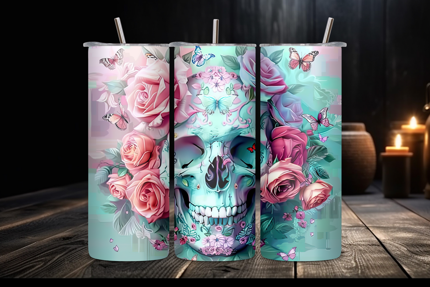 Ethereal Skull and Roses Tumbler, Goth Tumbler, Skull Tumbler, Gift for Her, 20OZ Tumbler, 22OZ Tumbler, 30OZ Tumbler