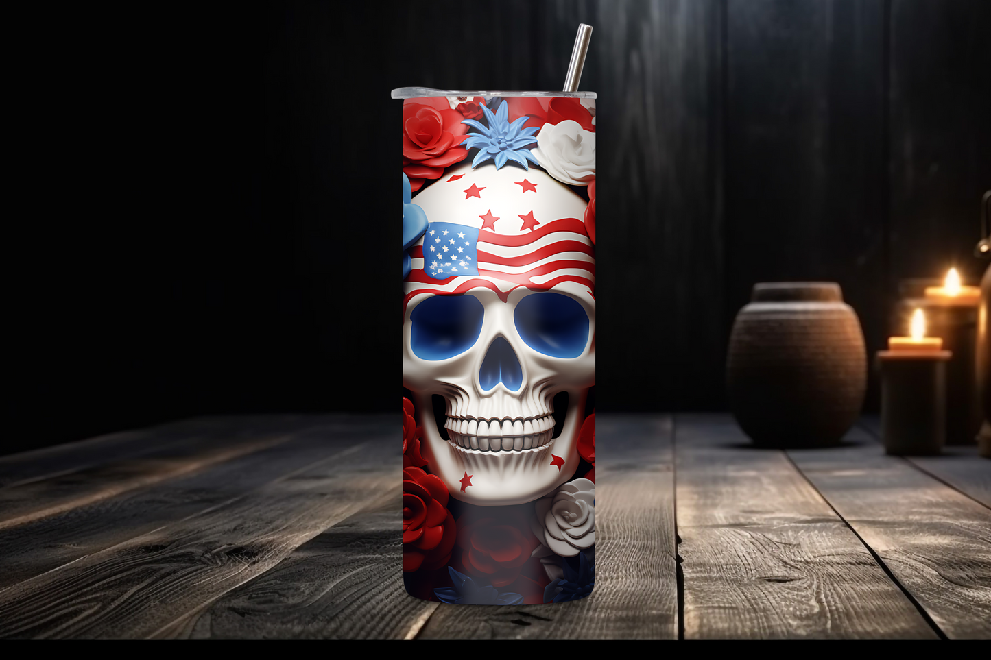Patriotic Skull Tumbler, 4Th of July Skull Tumbler, Independence Day Travel Mug, 20OZ Tumbler, 22OZ Tumbler, 30OZ Tumbler