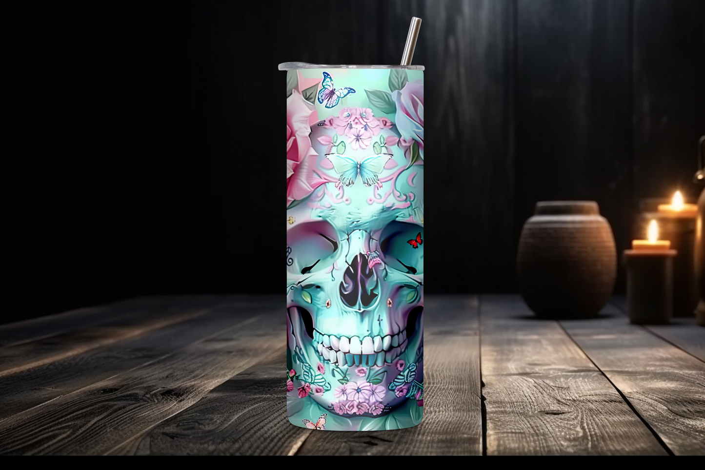 Ethereal Skull and Roses Tumbler, Goth Tumbler, Skull Tumbler, Gift for Her, 20OZ Tumbler, 22OZ Tumbler, 30OZ Tumbler