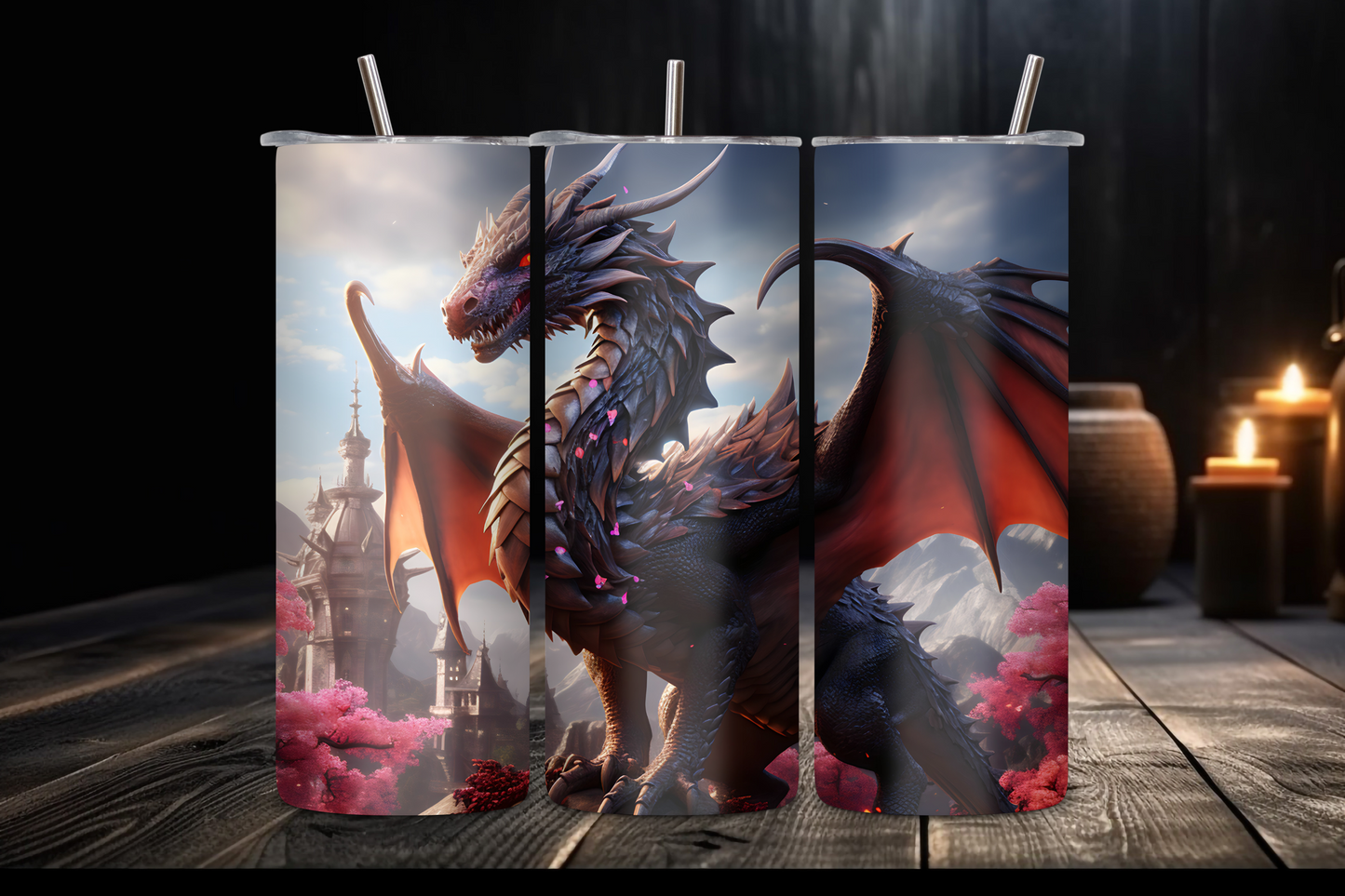 Stunning image of a powerful dragon towering over a mystical city with blooming cherry trees and ancient architecture, depicted on 20OZ and 30OZ tumblers, designed to bring fantasy to your daily hydration