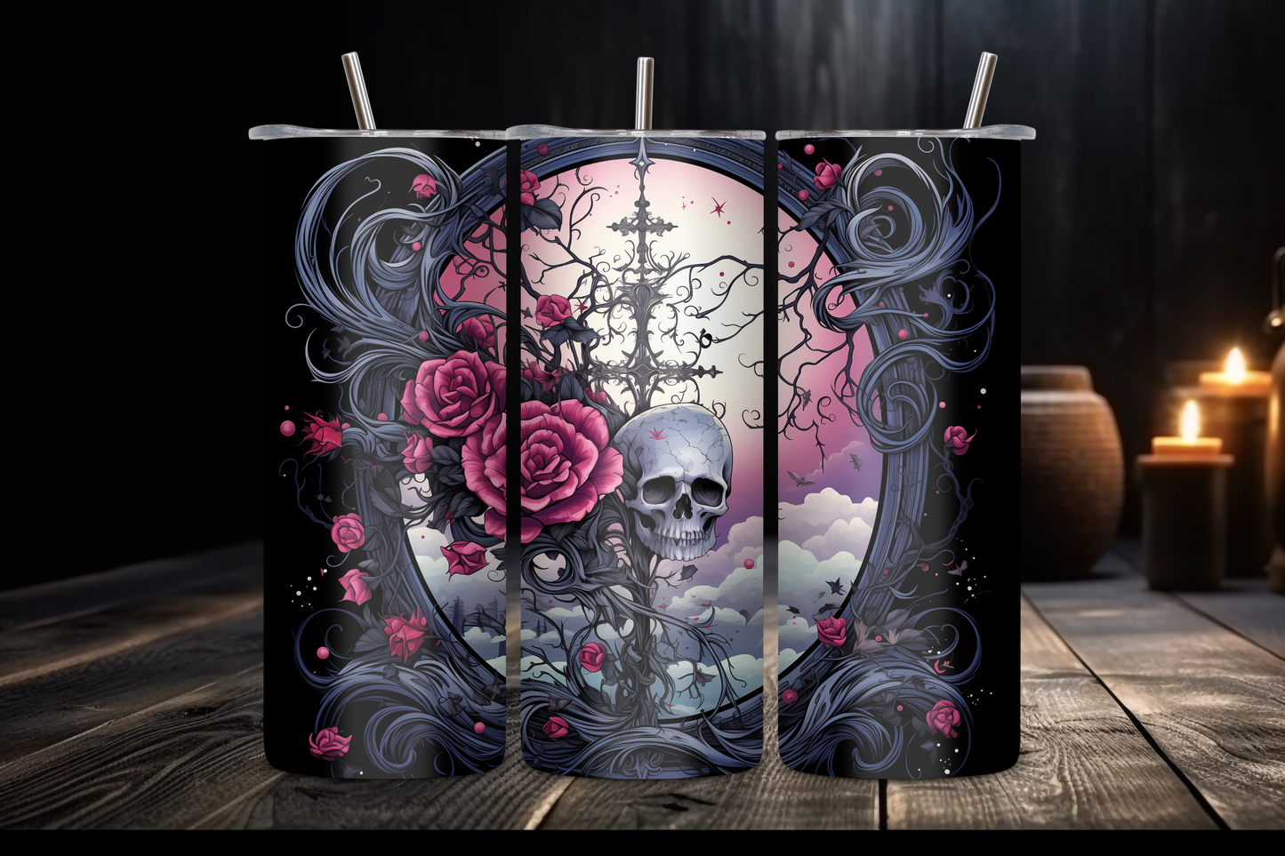 Artistic Halloween-themed tumbler depicting a detailed skull surrounded by dark, swirling roses and mysterious vines, set against a soft twilight backdrop with clouds and subtle hints of stars, designed to add a touch of gothic elegance to your daily hydration.