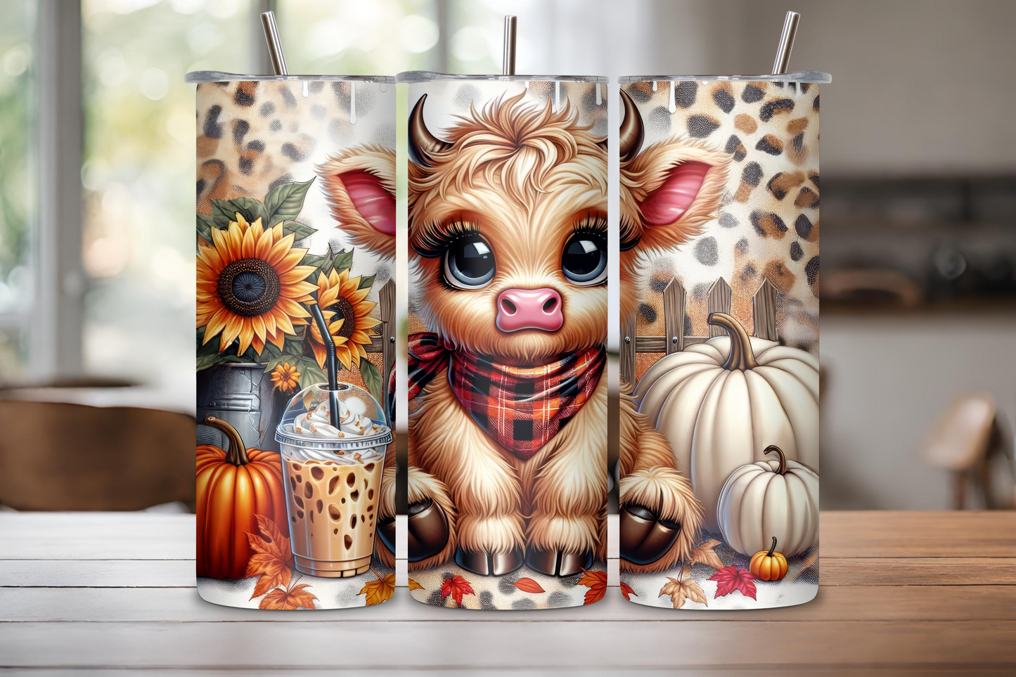 Autumn Charm Highland Cow Tumbler, Cheetah Print Travel Mug, Fall Style Cow Coffee Cup, 20OZ Tumbler, 22OZ Tumbler, 30OZ Tumbler