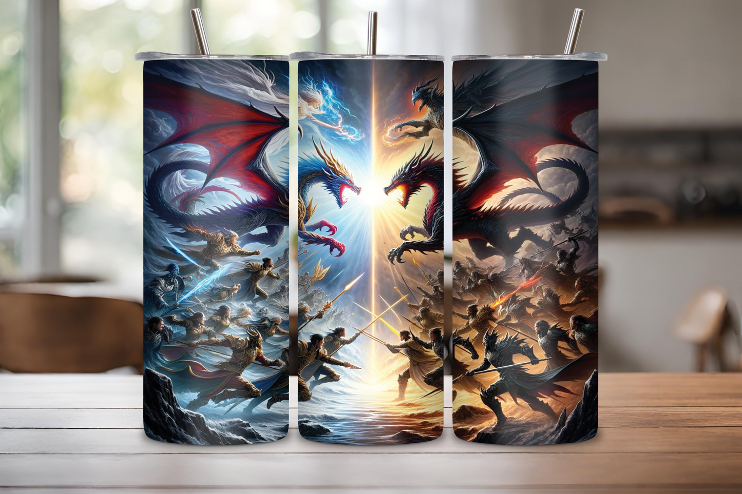 Epic fantasy tumbler featuring two dragons locked in battle, surrounded by warriors wielding swords, fire, and lightning