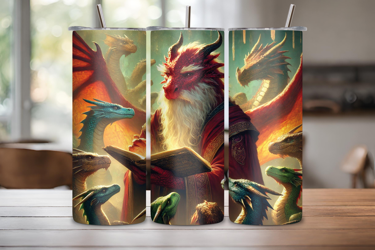 Tumbler featuring a wise red dragon elder reading from an ancient book, surrounded by young dragons in a fantasy setting.