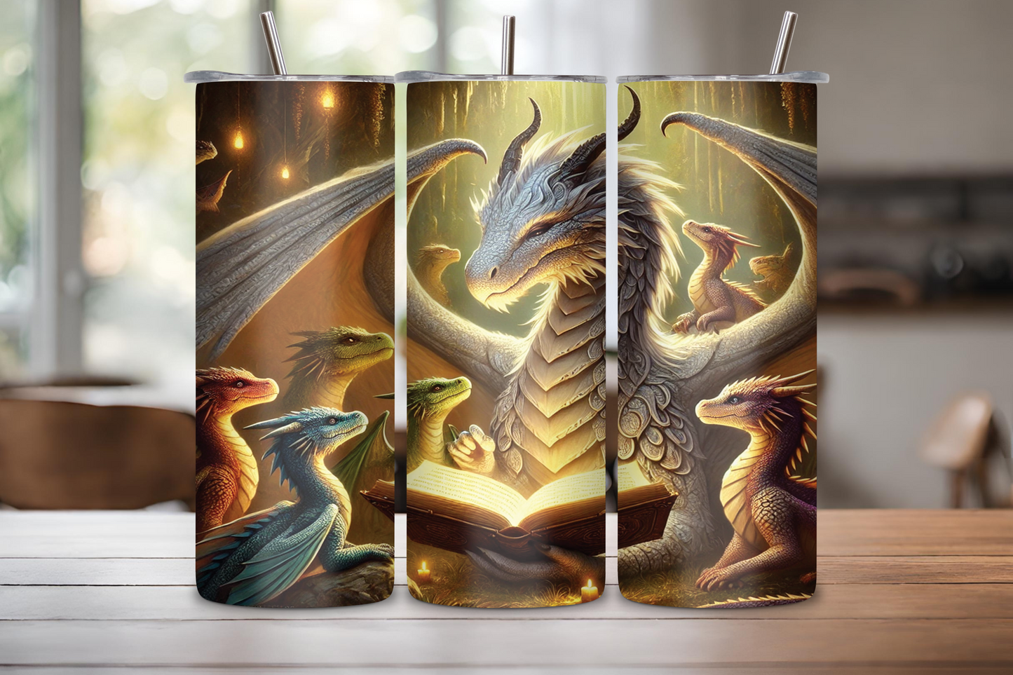 Tumbler featuring an Elder Matron dragon teaching young dragons from an ancient book, surrounded by glowing candlelight in a mystical setting.