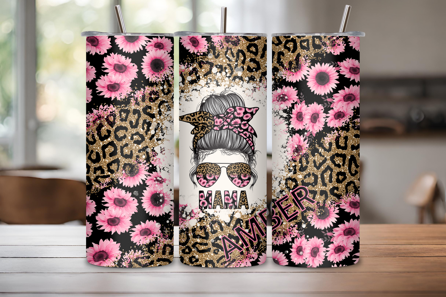 Customizable tumbler featuring a leopard print and pink sunflower ‘Mama’ design, with a name personalization option up to 12 characters—perfect for Mother’s Day gifts.
