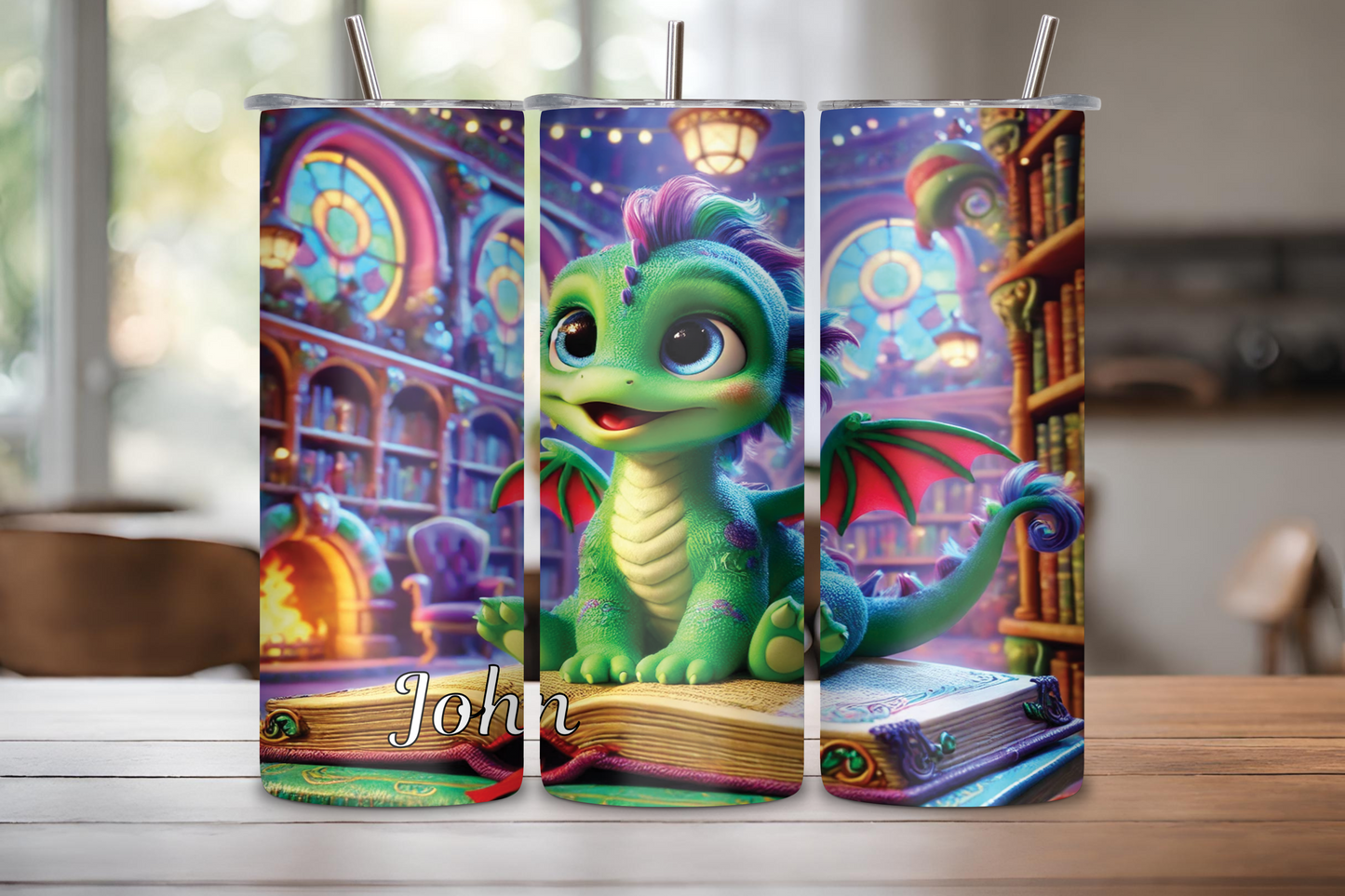 Customizable tumbler featuring a cute green baby dragon sitting on a spellbook in a glowing, magical library, with a name personalization option up to 12 characters