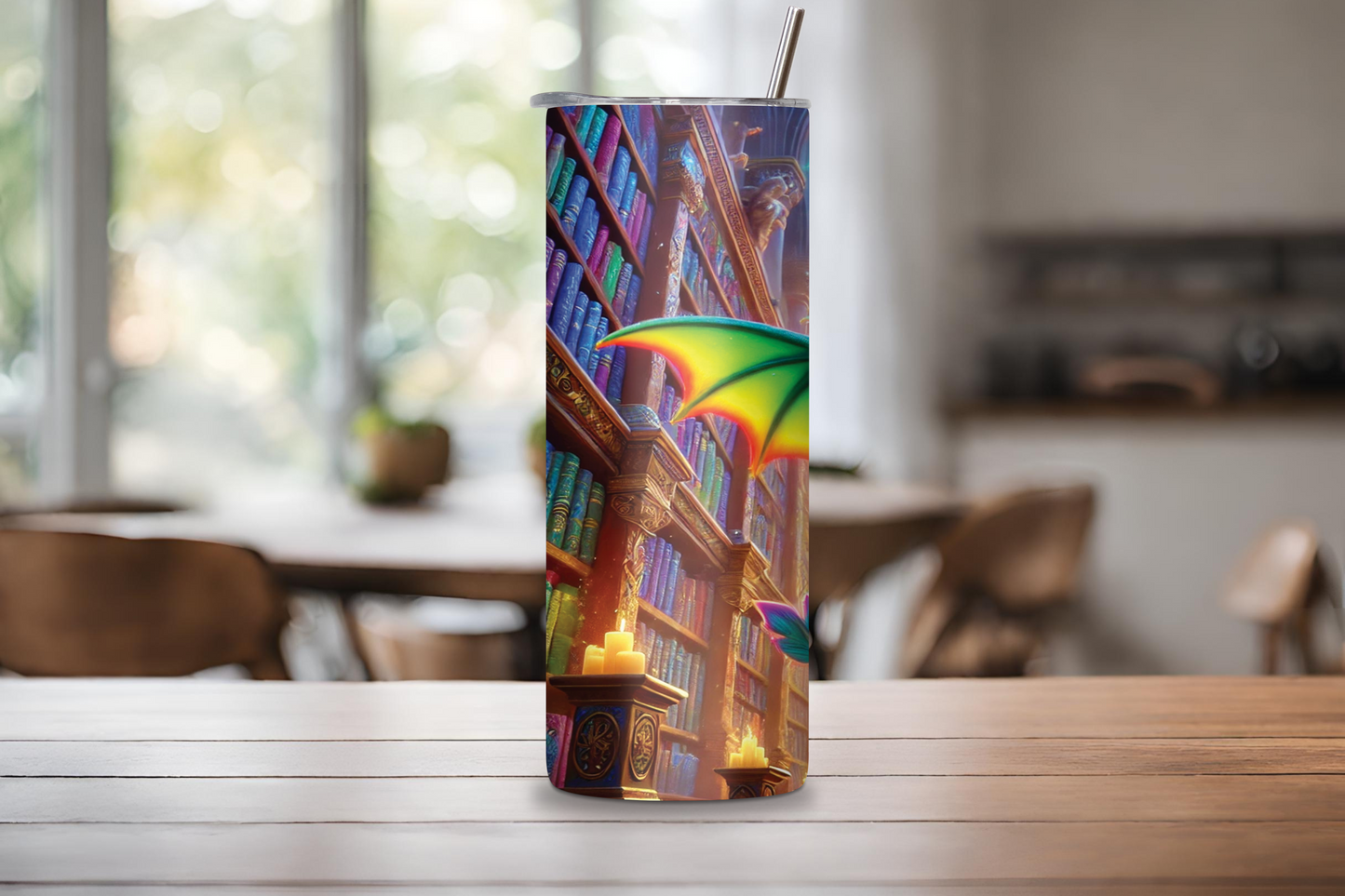 Enchanted Library Dragon Tumbler, Cute Baby Dragon Insulated Tumbler, Fantasy Gift Travel Mug, Adorable Dragon Coffee Cup 20OZ 30OZ
