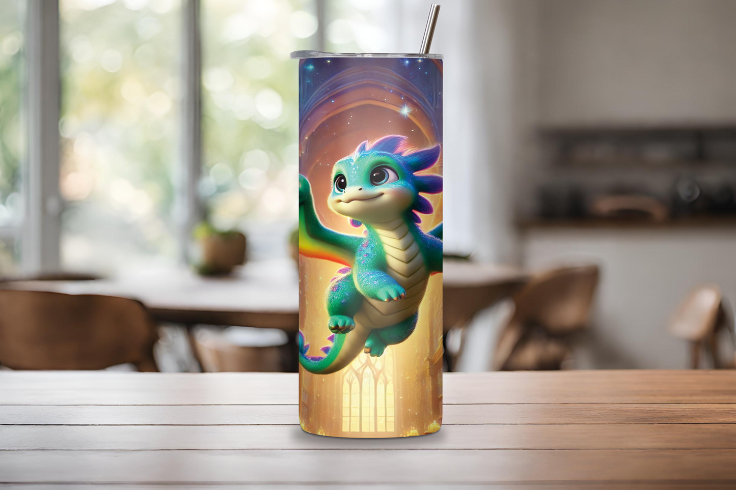 Enchanted Library Dragon Tumbler, Cute Baby Dragon Insulated Tumbler, Fantasy Gift Travel Mug, Adorable Dragon Coffee Cup 20OZ 30OZ