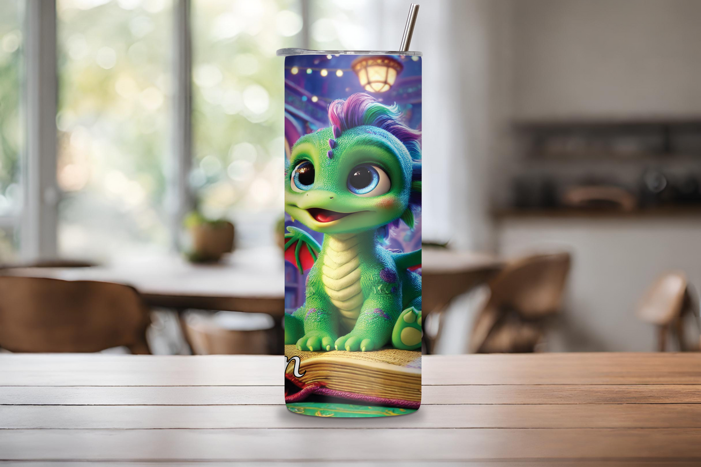 Personalized Mystic Library Baby Dragon Tumbler, Cute Drake Coffee Mug, Young Wisdom Dragon Travel Cup, 20OZ 30OZ Vacuum Insulated Tumbler