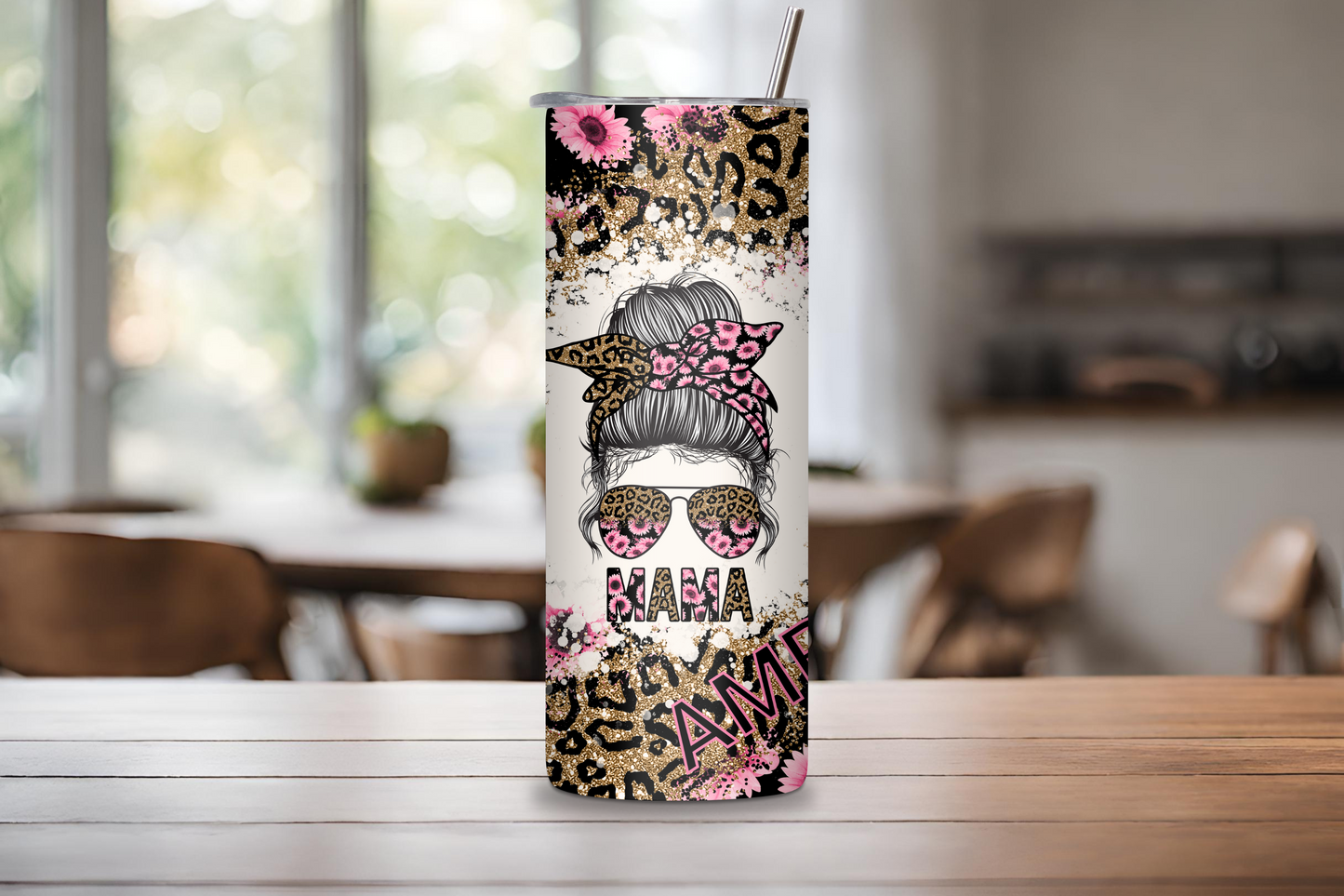 Personalized Mama Leopard Sunflower Tumbler, Mom Appreciation Cup, Mother's Day Gift, Mom Insulated Travel Mug 20OZ 30OZ, Gift for Mom