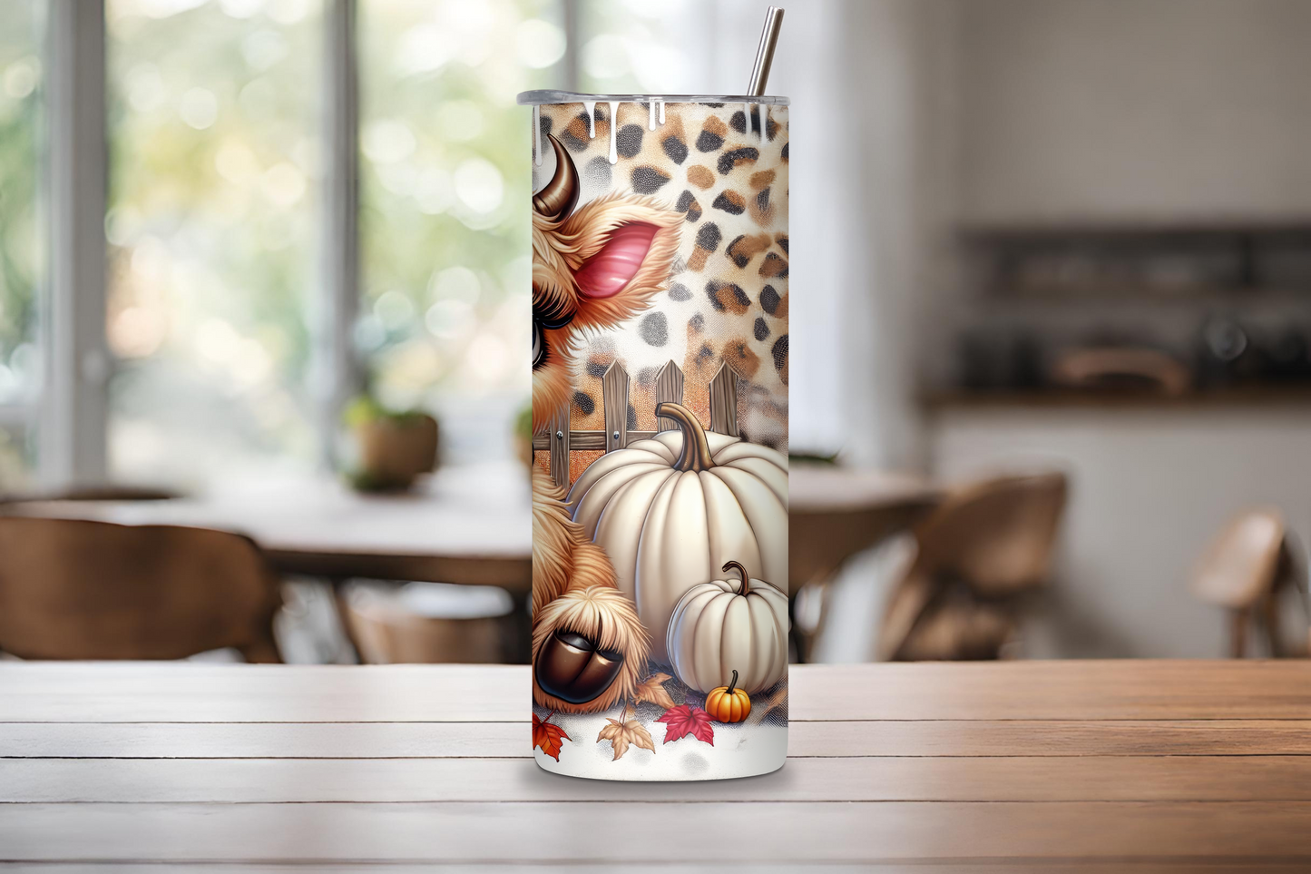Autumn Charm Highland Cow Tumbler, Cheetah Print Travel Mug, Fall Style Cow Coffee Cup, 20OZ Tumbler, 22OZ Tumbler, 30OZ Tumbler