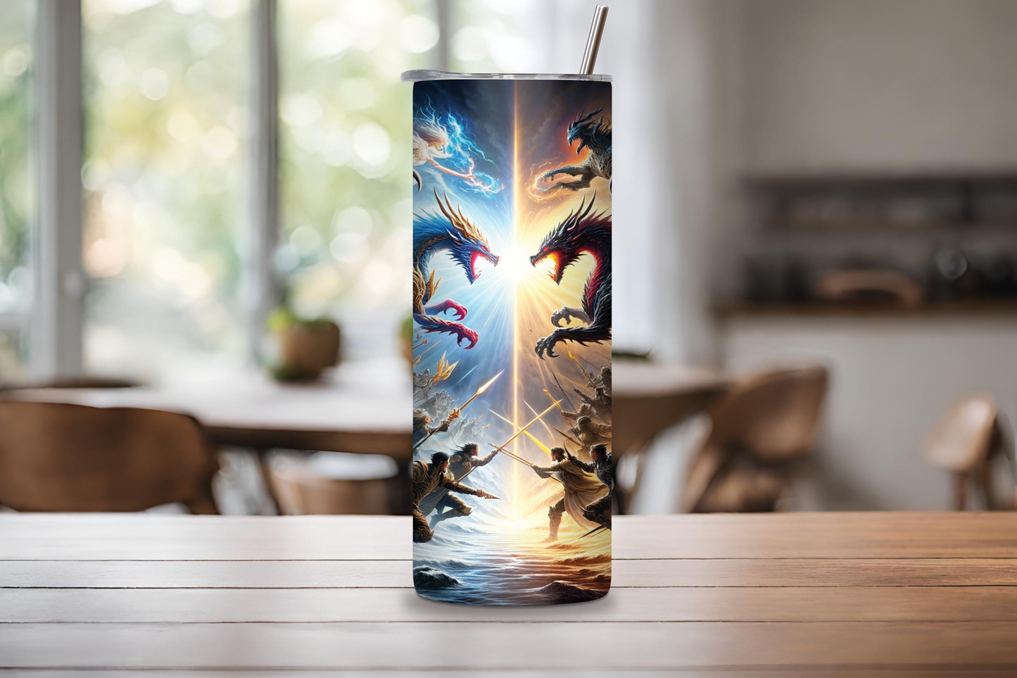 Battle of the Dragons Tumbler, Fantasy Lover Gift, Mythic Sky Serpent Beast Travel Mug, Coffee Cup Fire Beast 20OZ 30OZ