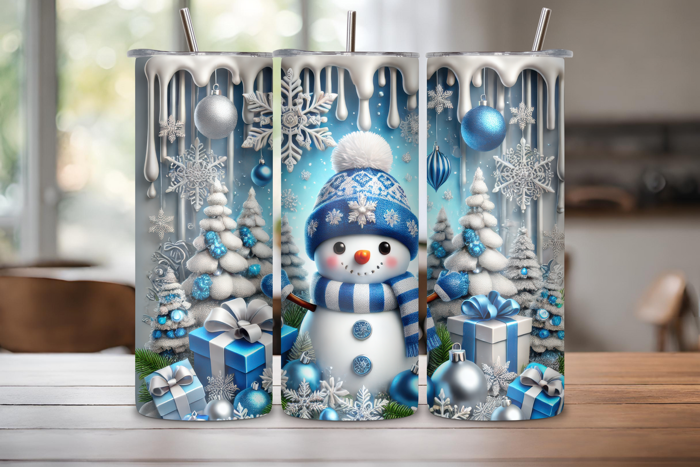 Holiday tumbler featuring a snowman in a blue knit hat and scarf, surrounded by snowflakes, ornaments, snowy trees, and wrapped gifts, with a dripping effect at the top.