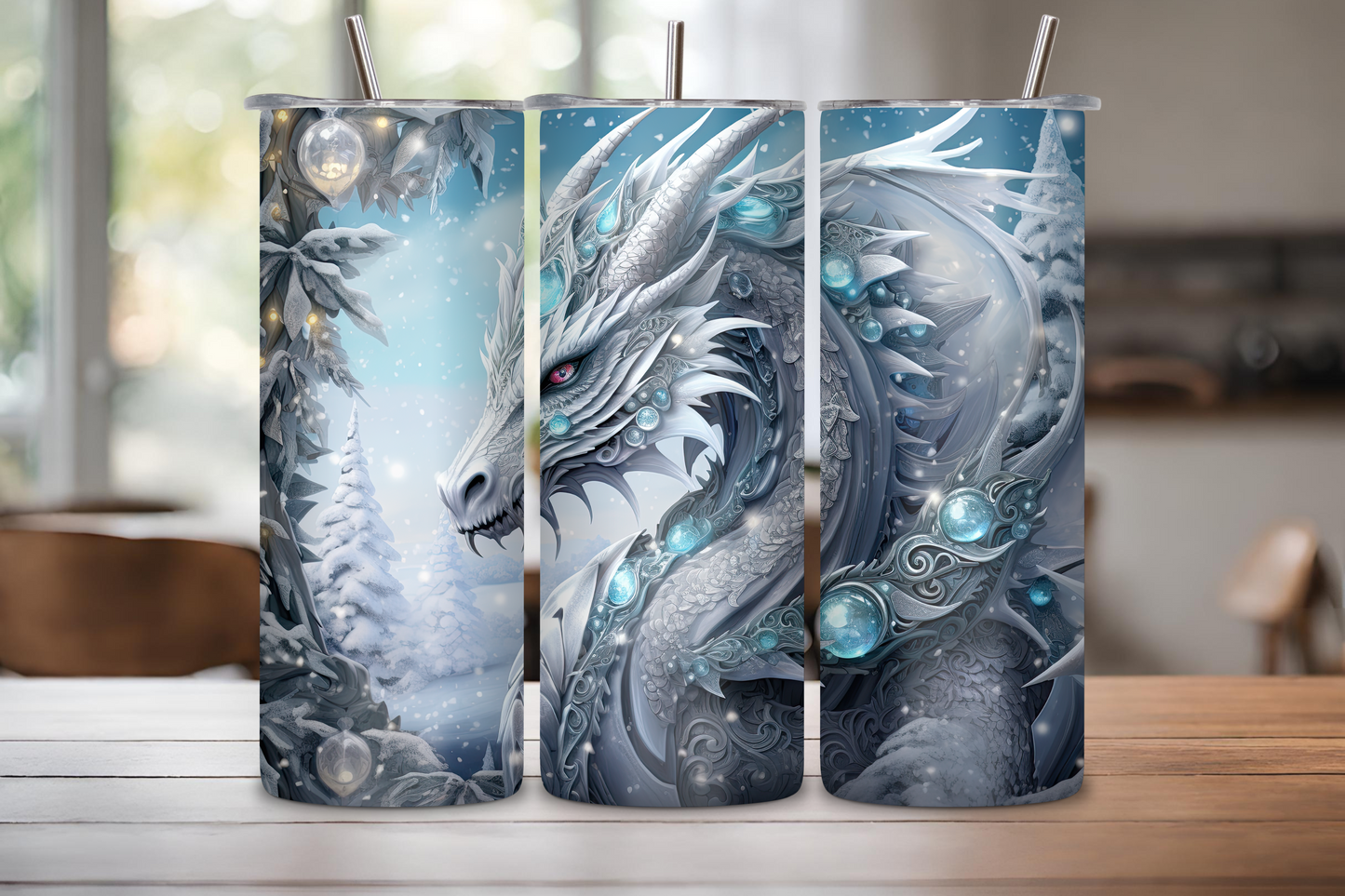 Winter Dragon Tumbler featuring an intricate ice dragon design, perfect for keeping beverages at the right temperature in a mythical style