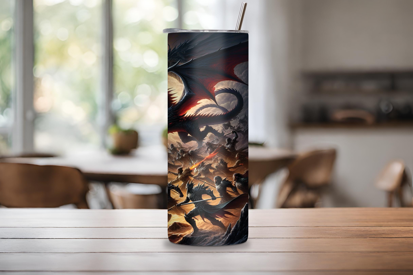 Battle of the Dragons Tumbler, Fantasy Lover Gift, Mythic Sky Serpent Beast Travel Mug, Coffee Cup Fire Beast 20OZ 30OZ