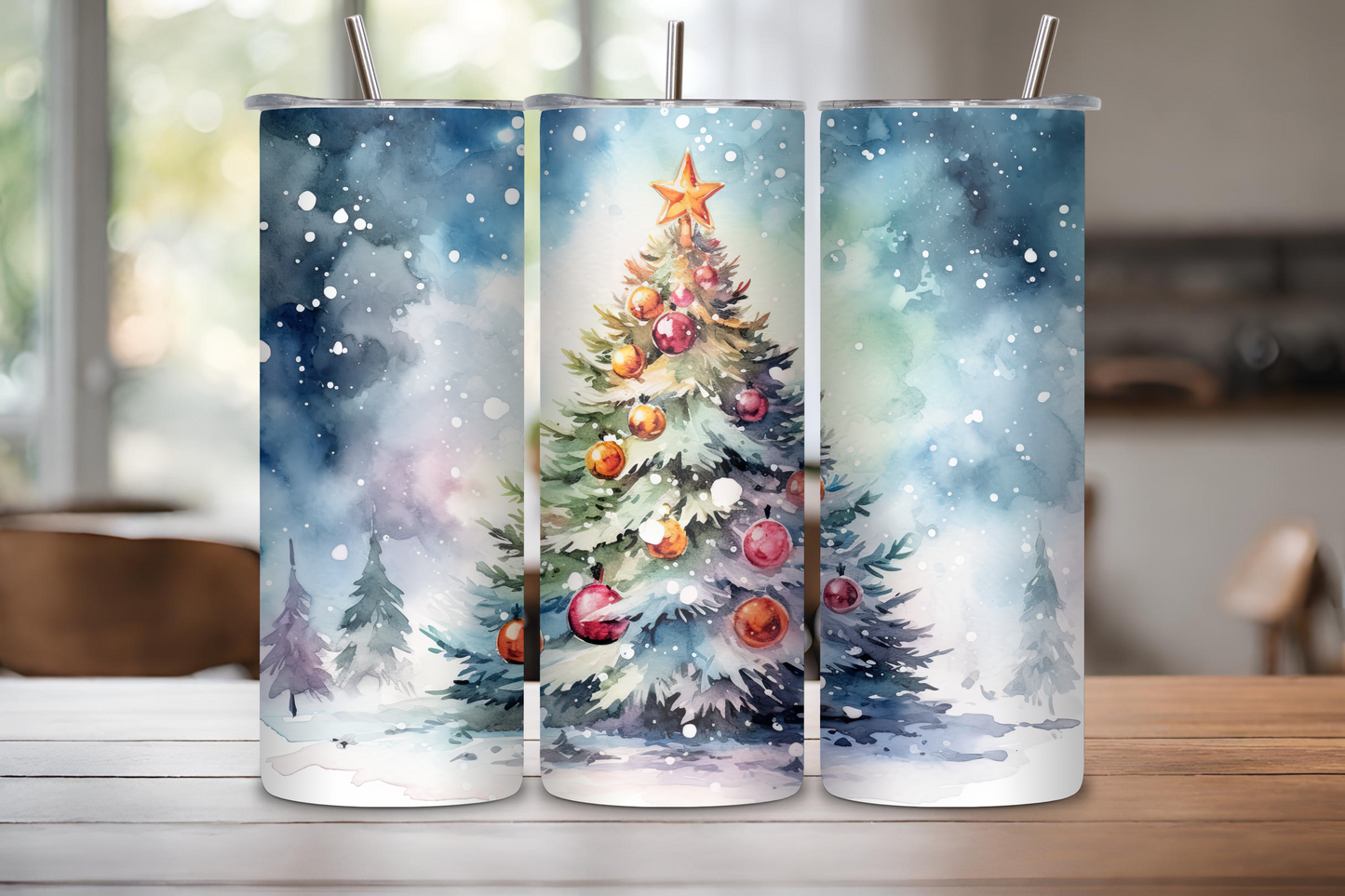 Vibrant Christmas Tree Winter Wonderland Tumbler with festive ornaments and snowy backdrop, ideal for holiday beverages.