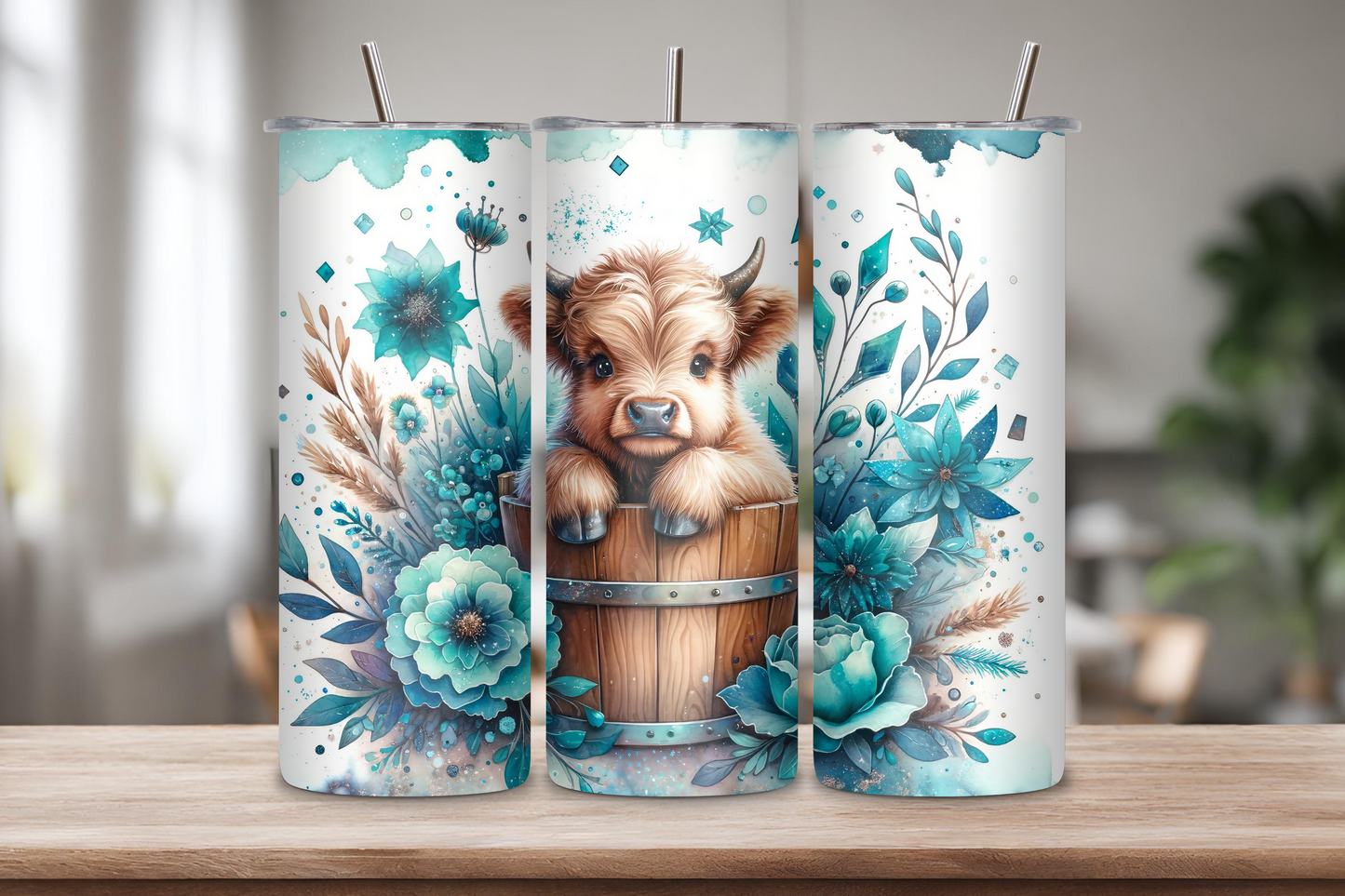 Floral Bliss Highland Cow Tumble, Light Blue Style Travel Cup, Flowers and Cow Coffee Cup, Gift for her, 20OZ Tumbler
