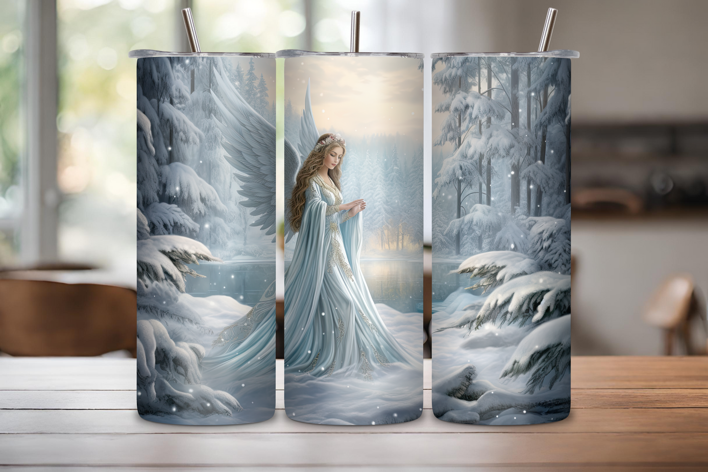 Serene Winter Angel Tumbler featuring an angel in a snowy landscape, ideal for keeping your drinks warm during cold winter days