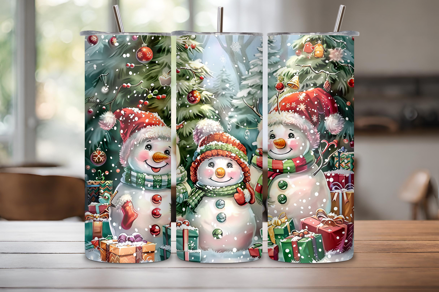 Charming Snowman Holiday Tumbler with snowmen in festive gear surrounded by Christmas decorations, perfect for seasonal joy.