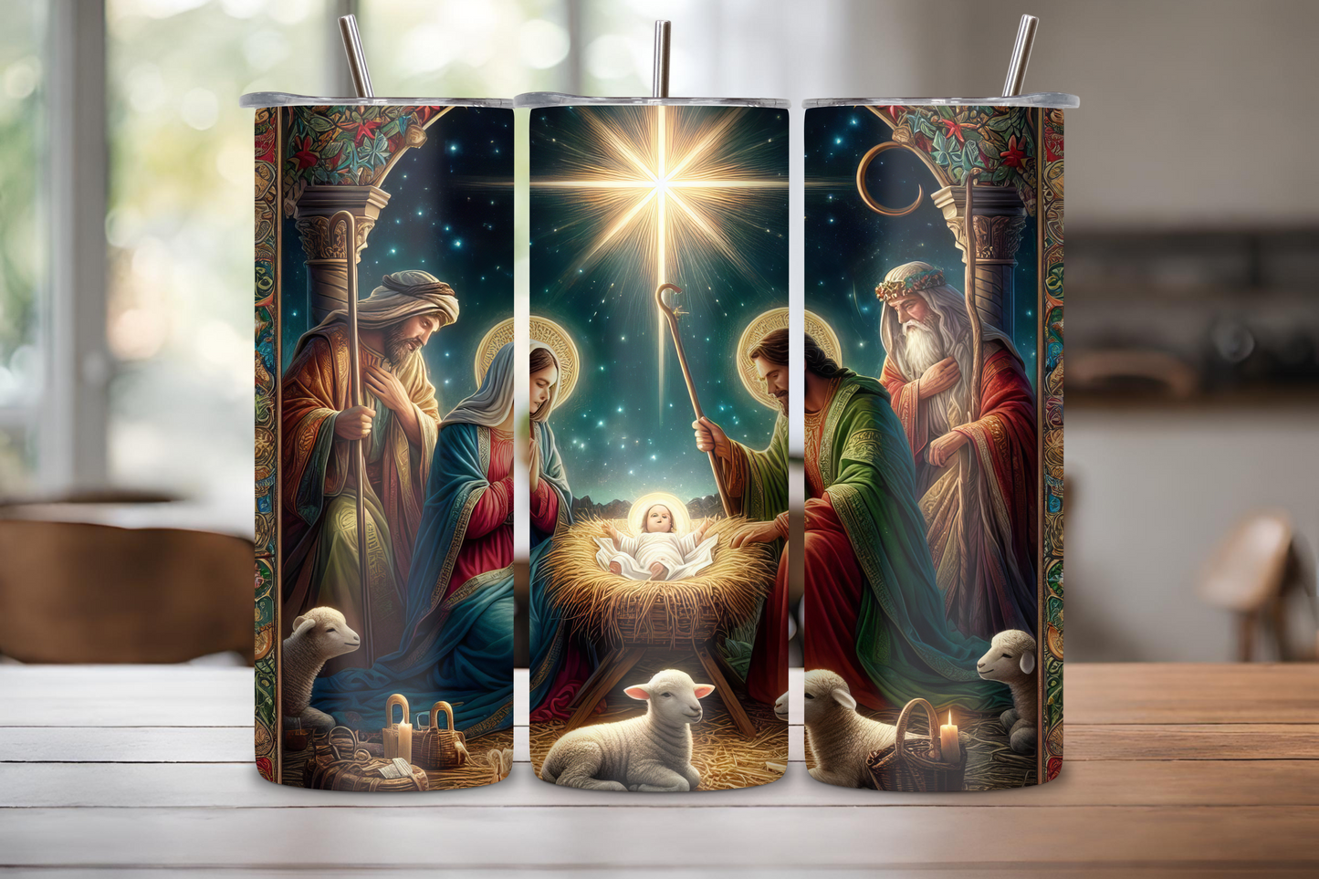Colorful Nativity scene tumbler featuring the Holy Family, the Three Wise Men, and a shining star, perfect for holiday celebrations