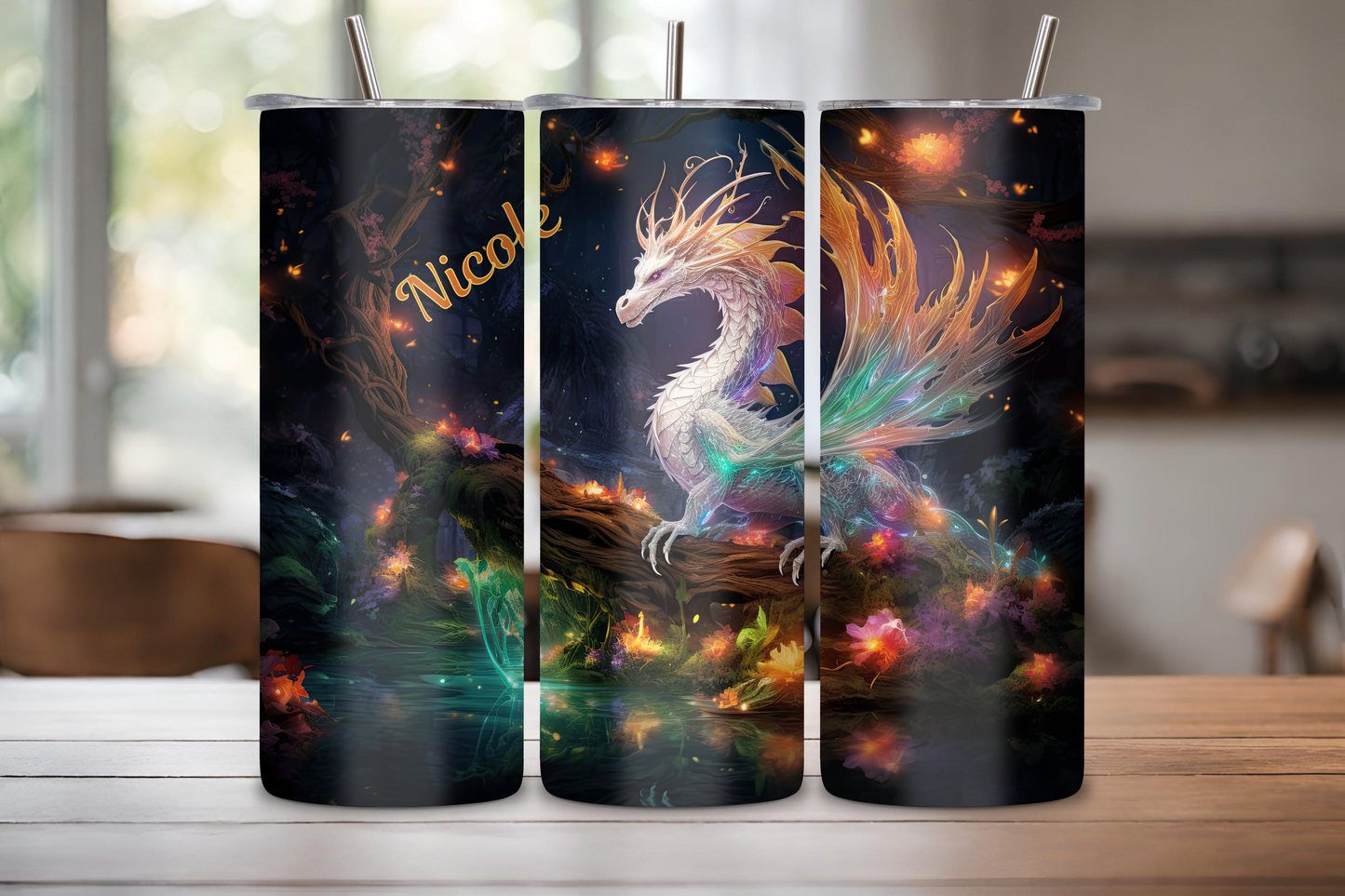 A whimsical forest dragon tumbler featuring a colorful dragon among vibrant, enchanted forest scenery. The dragon appears amid glowing flowers and mist, adding a magical touch to the high-quality stainless steel tumbler.