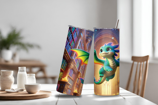 Enchanted Library Dragon Tumbler, Cute Baby Dragon Insulated Tumbler, Fantasy Gift Travel Mug, Adorable Dragon Coffee Cup 20OZ 30OZ