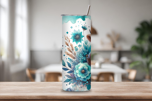 Floral Bliss Highland Cow Tumble, Light Blue Style Travel Cup, Flowers and Cow Coffee Cup, Gift for her, 20OZ Tumbler