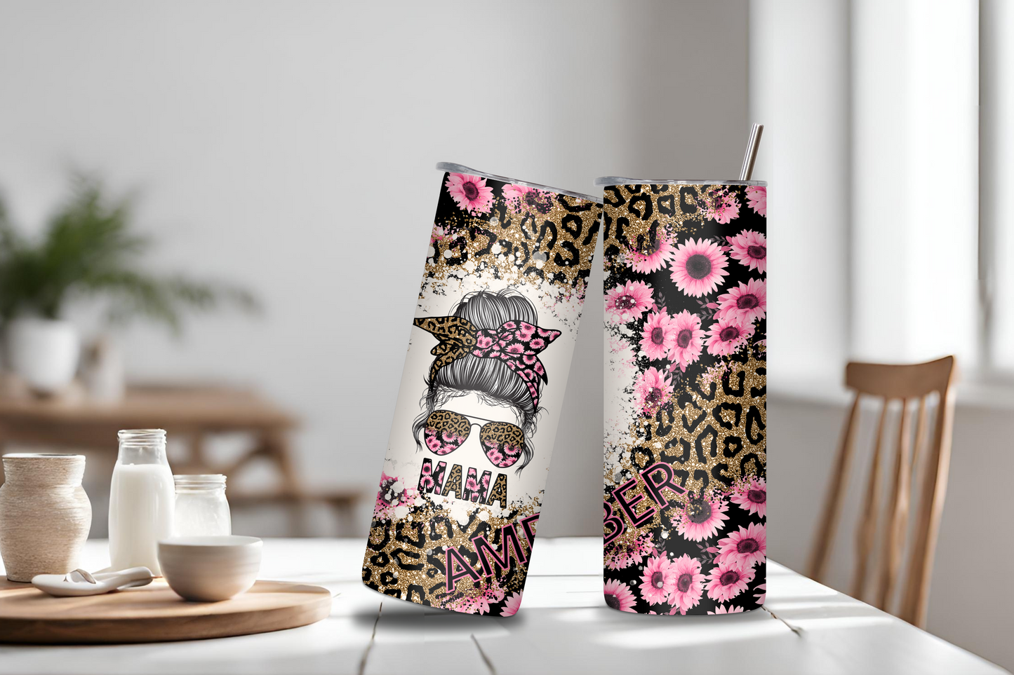 Personalized Mama Leopard Sunflower Tumbler, Mom Appreciation Cup, Mother's Day Gift, Mom Insulated Travel Mug 20OZ 30OZ, Gift for Mom