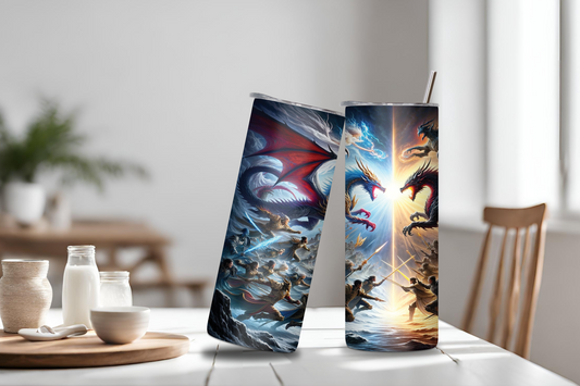 Battle of the Dragons Tumbler, Fantasy Lover Gift, Mythic Sky Serpent Beast Travel Mug, Coffee Cup Fire Beast 20OZ 30OZ
