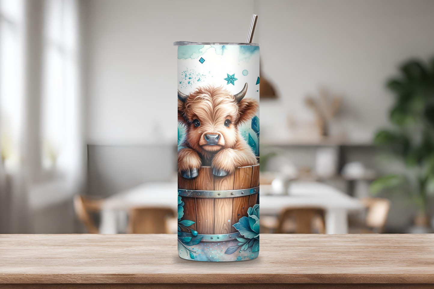 Floral Bliss Highland Cow Tumble, Light Blue Style Travel Cup, Flowers and Cow Coffee Cup, Gift for her, 20OZ Tumbler