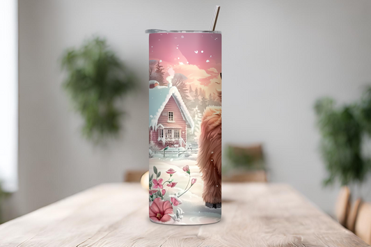 Winter Wonderland Highland Cow Tumbler, Pink Cow Travel Mug, Cute Country Setting Coffee Cup, 20OZ Tumbler, 30OZ Tumbler