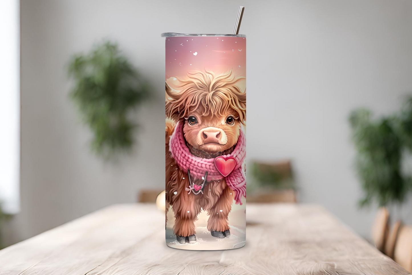 Winter Wonderland Highland Cow Tumbler, Pink Cow Travel Mug, Cute Country Setting Coffee Cup, 20OZ Tumbler, 30OZ Tumbler