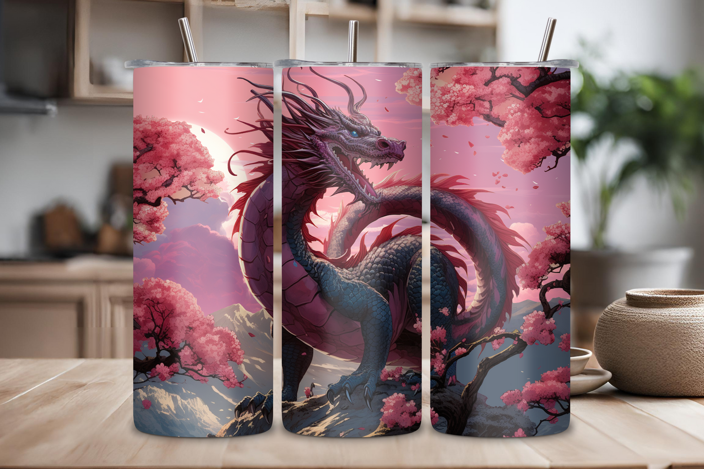 Striking 20OZ and 30OZ tumblers displaying a powerful dragon entwined in a scenic landscape of pink cherry blossoms and serene mountain views, perfect for those who adore epic fantasy and nature's beauty