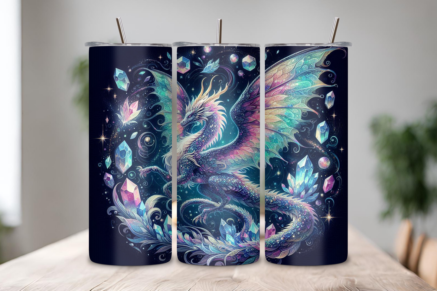 Intricately designed tumbler featuring a celestial dragon intertwined with colorful crystals and feathers against a starry night backdrop, invoking a sense of wonder and magic