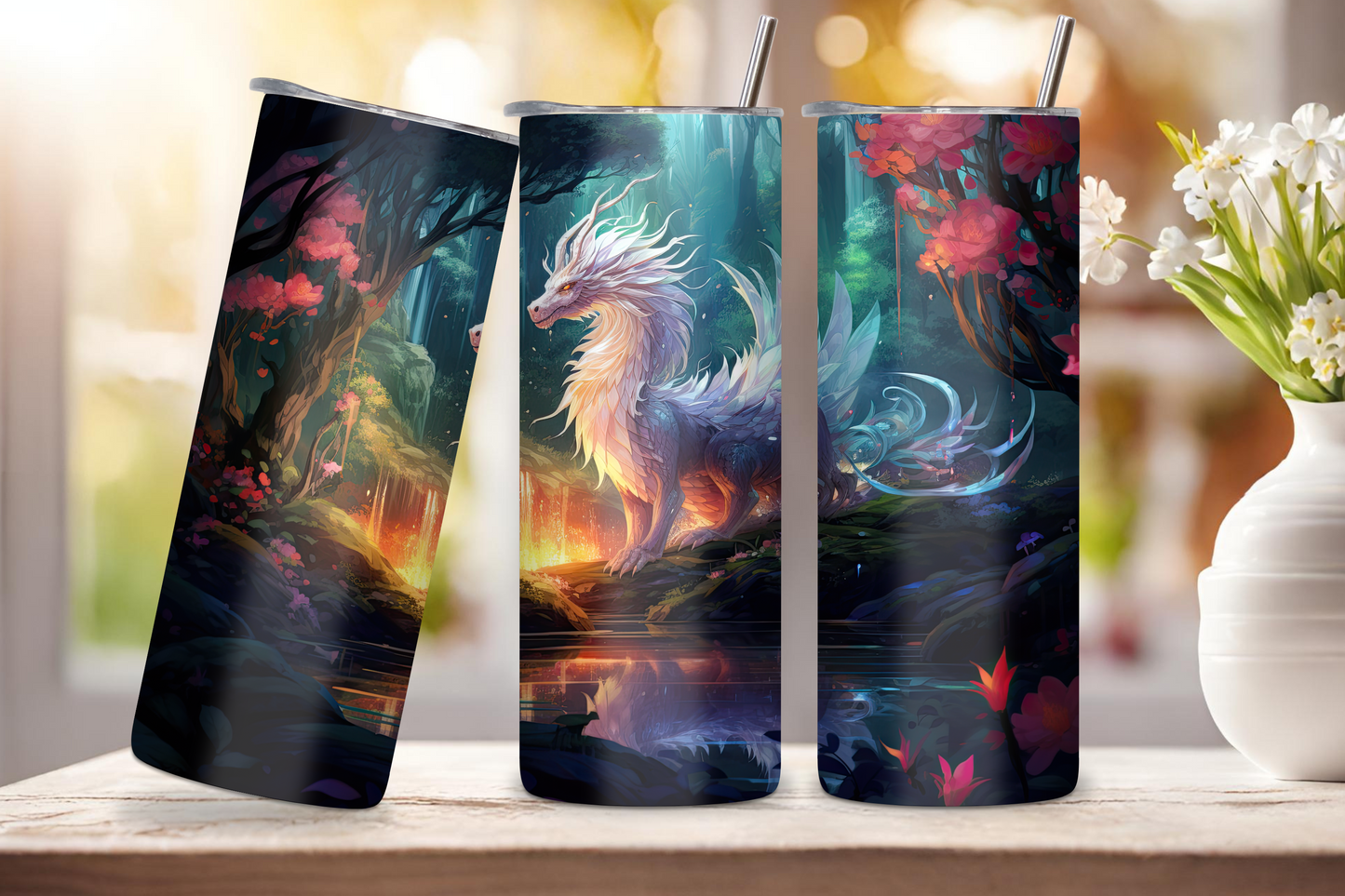 Colorful tumbler depicting a white dragon in a vibrant enchanted forest setting, filled with rich foliage and mystical lighting.
