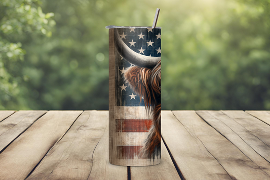 American Pride Highland Cow Tumbler, Patriotic Coffee Mug, Flag Travel Cup, Gift for Him, 20OZ Tumbler, 22OZ Tumbler, 30OZ Tumbler