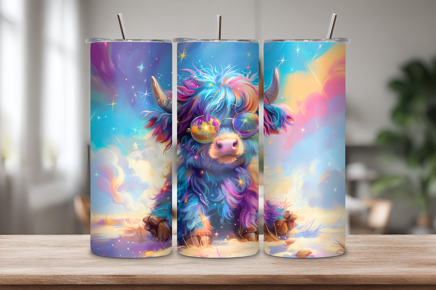 Cosmic Rainbow Highland Cow Tumbler, Retro Feeling Cow Travel Cup, Cute Baby Cow Coffee Cup, 20OZ Tumbler, 30OZ Tumbler