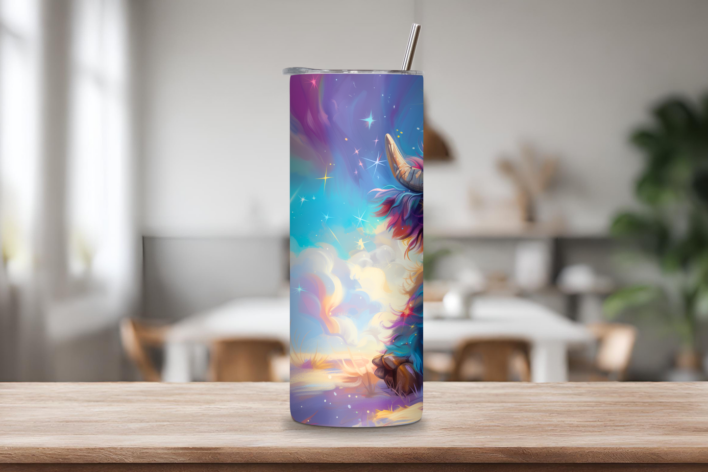 Cosmic Rainbow Highland Cow Tumbler, Retro Feeling Cow Travel Cup, Cute Baby Cow Coffee Cup, 20OZ Tumbler, 30OZ Tumbler