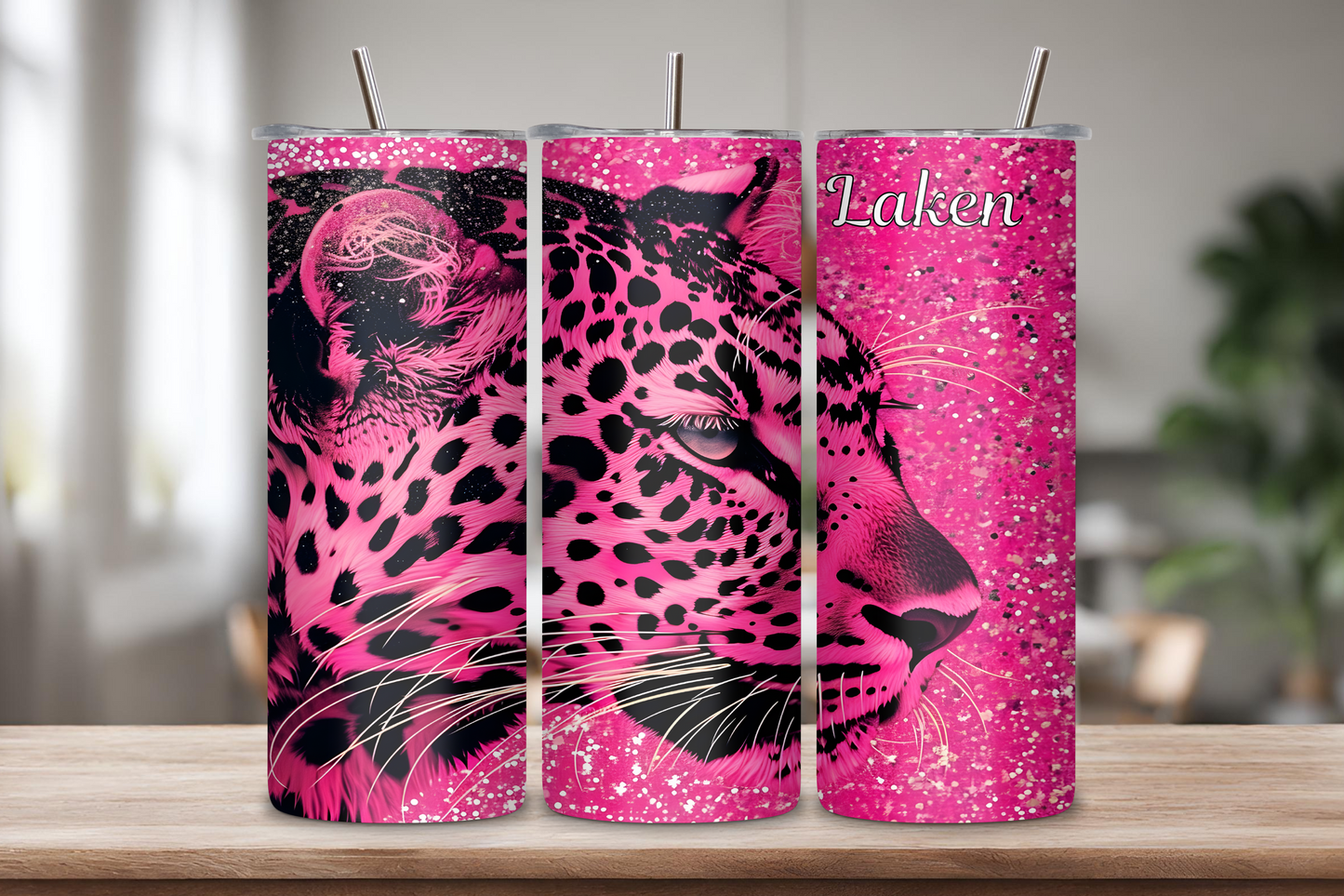 Customizable pink leopard tumbler featuring a fierce leopard design with glitter accents, personalized with a name up to 12 characters.