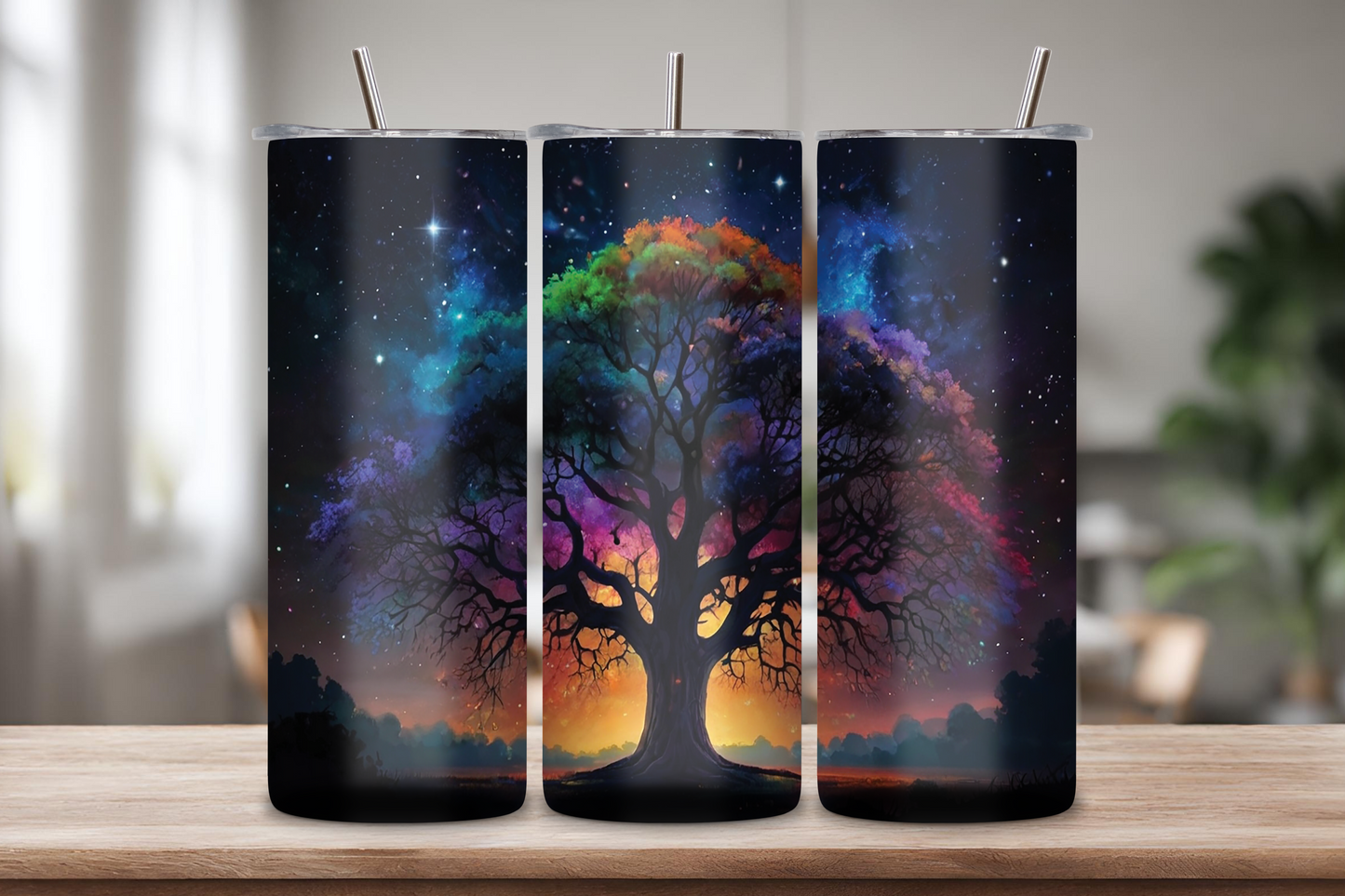 Tumbler featuring a cosmic Tree of Life design with a colorful galaxy backdrop, glowing branches, and vibrant celestial hues.