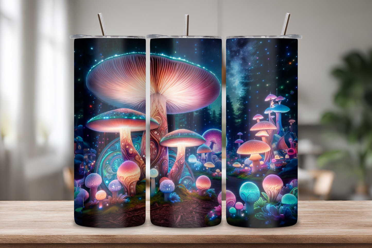 Tumbler featuring a glowing mushroom forest with vibrant colors, a starry sky, and a magical, dreamy aesthetic
